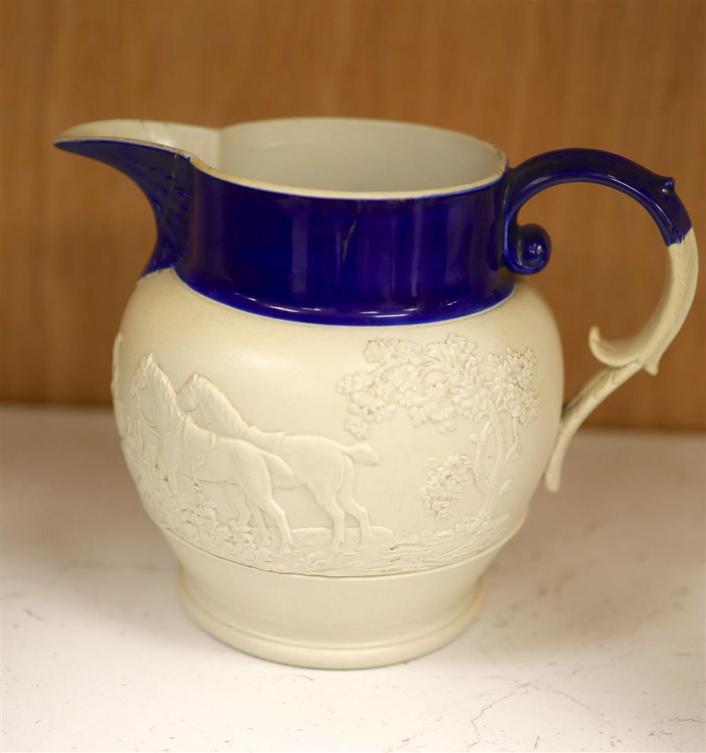 A Royal Doulton Lambeth silver rimmed jug and other various jugs including Copeland, lustreware etc.